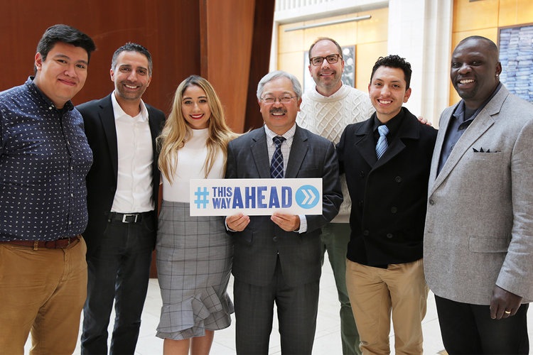 San Francisco Mayor Ed Lee poses with SVP of Global Sustainability and Gap Foundation President David Hayer, EVP of Talent & Sustainability Brent Hyder, SVP of Loss Prevention Keith White, and graduat